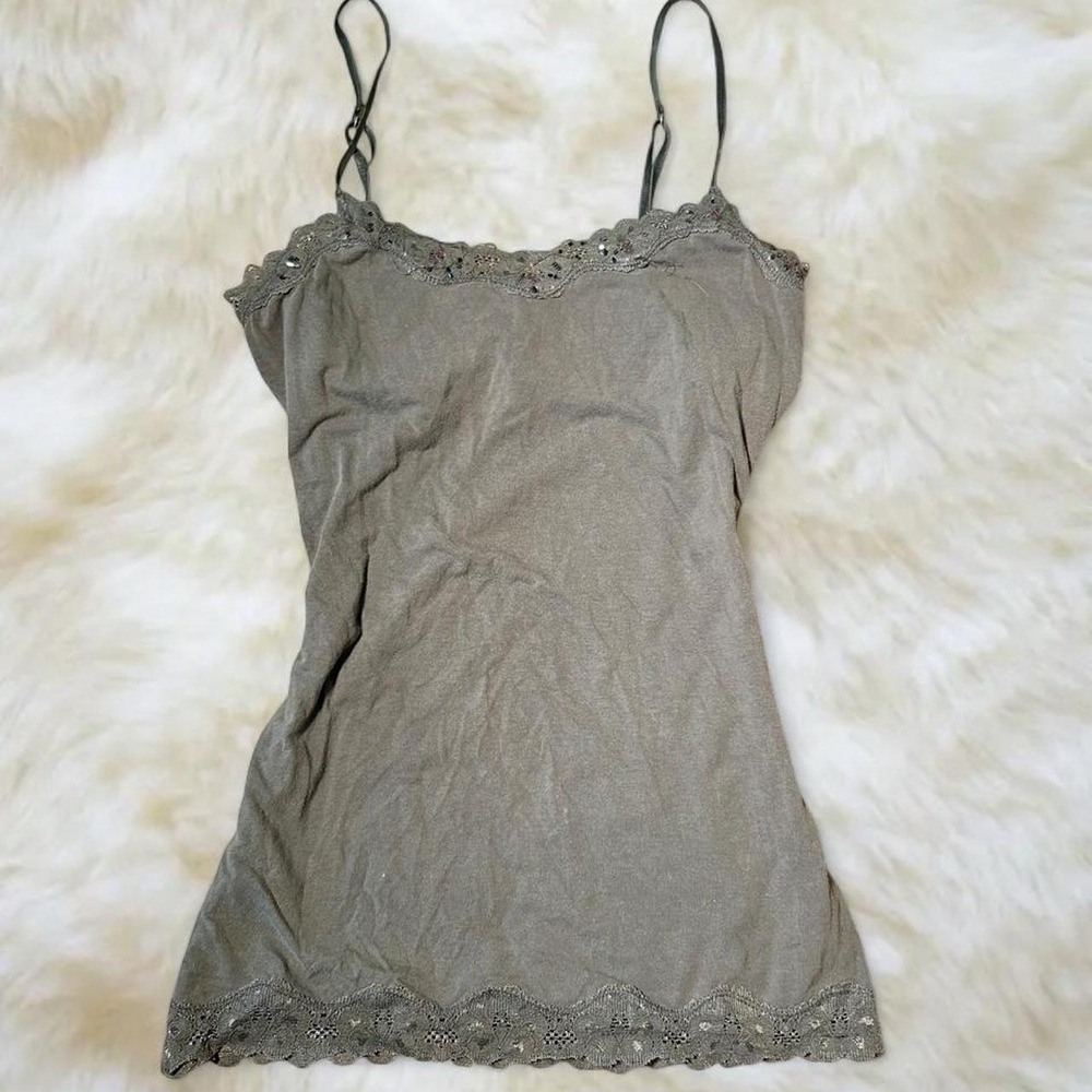 Aeropostale Y2K Sequin Lace Trim Cami Tank Top Grey Small Built-in Bra Grunge